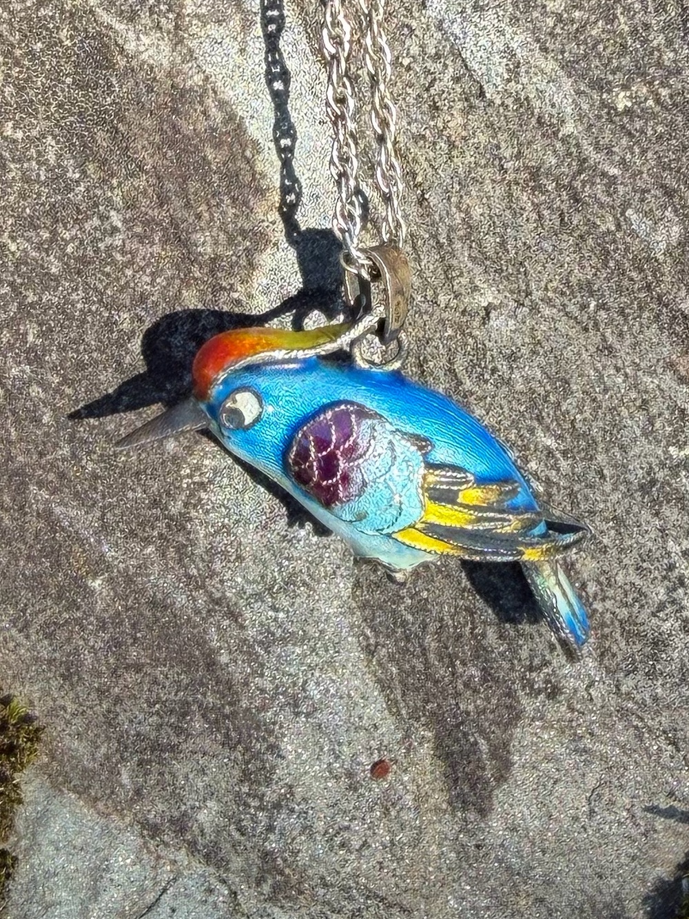 Vintage Sterling Silver Cloisonné Enamel Wood Pecker Bird Charm Pendant Necklace